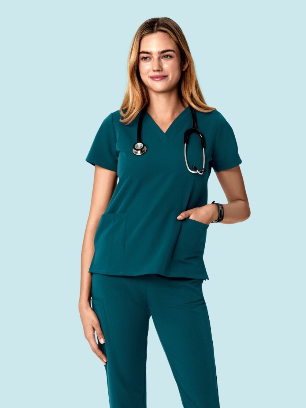 NWOT Mandala 6 Pocket Top + 9 Pocket Cargo Scrub Set Caribbean Blue L Petite